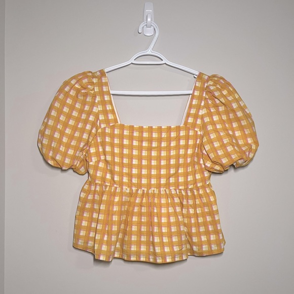 Yellow Plaid Puff Sleeve Top - Picture 3 of 4